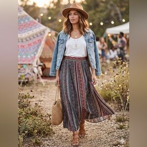 Rebel Sugar Striped Boho Maxi Skirt in Red, Blue, Brown Size S